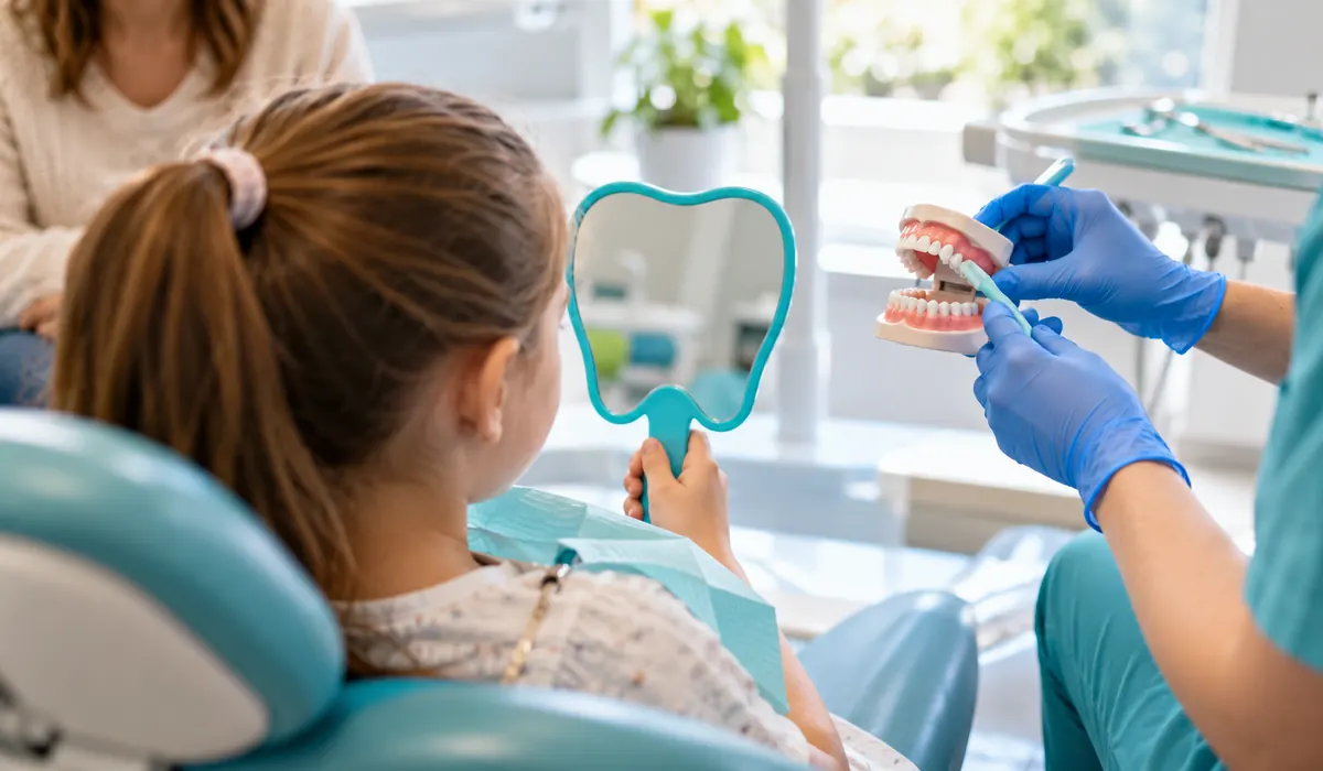 Niña recibe una explicación amable sobre el cuidado de sus dientes con espejo y modelo dental.