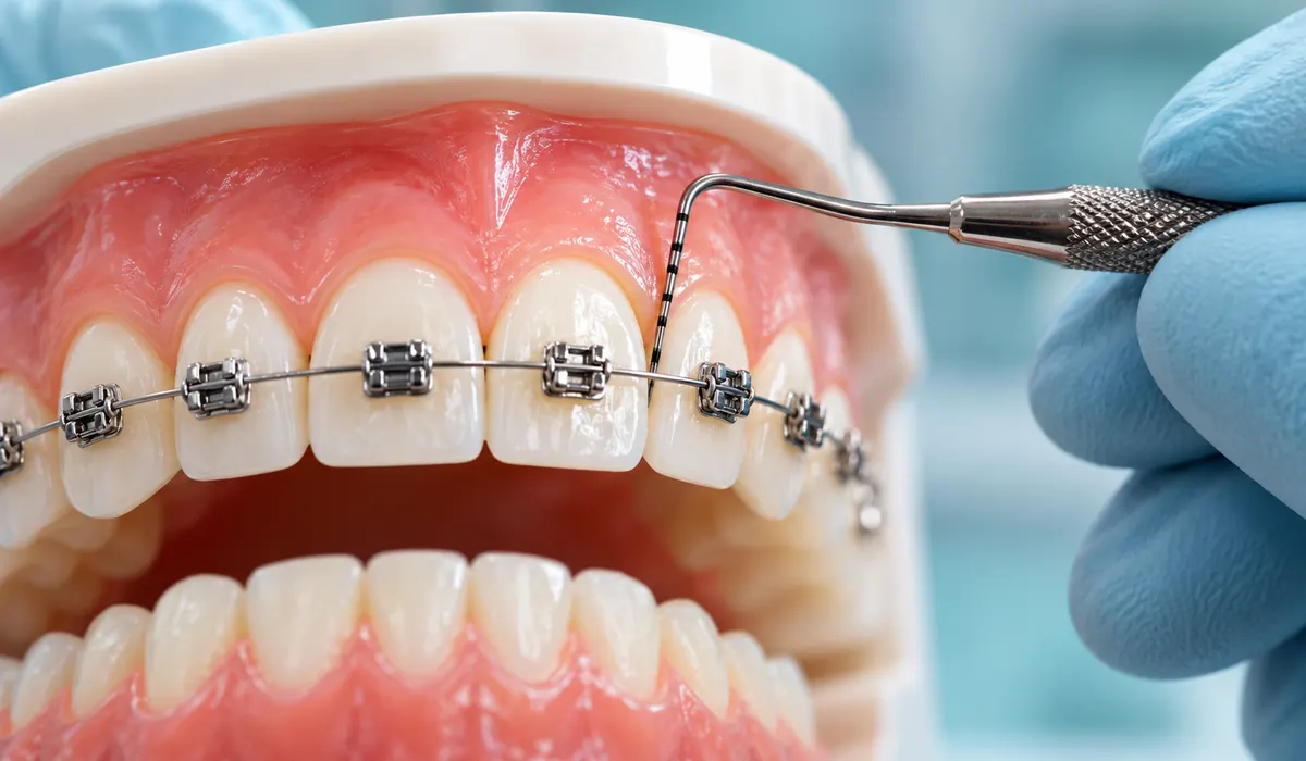Modelo dental con brackets y sonda periodontal para ilustrar ortodoncia y cuidado de las encías.