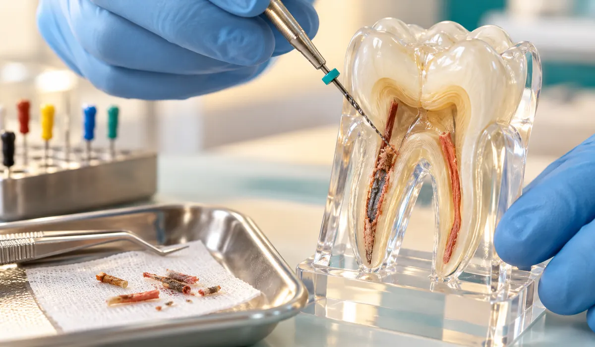 Modelo anatómico de un molar que ilustra el retratamiento de conductos y retiro de material anterior.