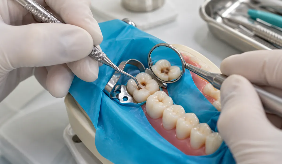 Representación del tratamiento de caries y reconstrucción conservadora de un molar.